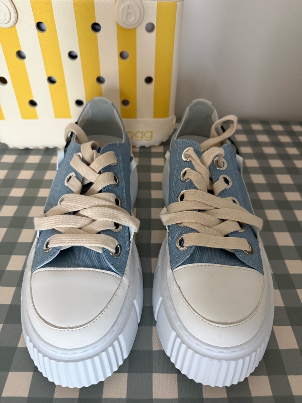 Inuikii Light Blue Canvas Platform Sneakers with Cream Laces